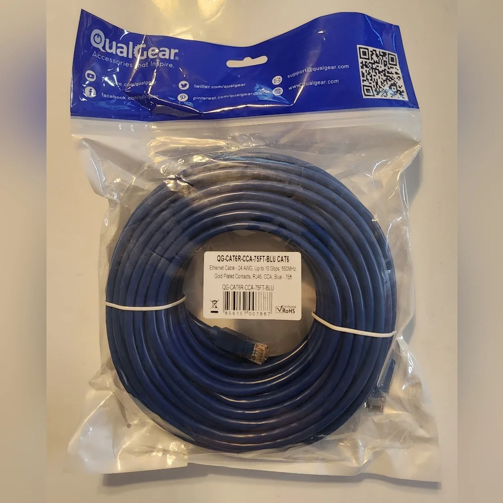 QualGear High Speed Internet & Ethernet Cable CAT 6 24 AWG 1Gbps 250MHz 75Feet